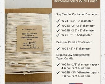 Uncoated, unbleached cotton cored candle wicks: USA Made, organic, for soy and beeswax candles
