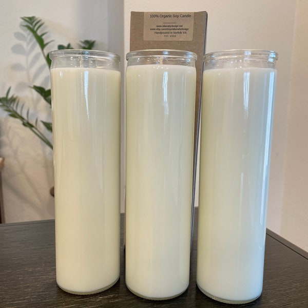 Unscented 100% natural candle PER PIECE. 7-9 day soy prayer candle, unbleached cotton wicks. Vegan, dye free, plain candle, no label.
