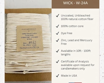 W-24A - Uncoated, unbleached cotton cored tapered wicks: USA Made, organic, for soy and beeswax.