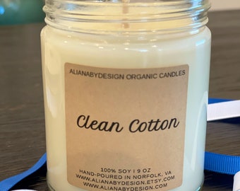 9oz - 100% Organic Soy Wax - CLEAN COTTON. Gift for mom, gift for friends, home decor scented soy candle. Housewarming Gift.