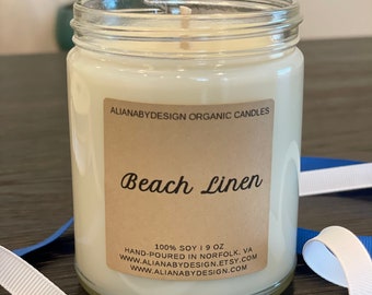 9oz - 100% Organic Soy Wax - BEACH LINEN. Gift for mom, gift for friends, home decor scented soy candle with box. Housewarming Gift.