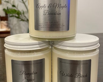 Set of 3 - 9oz natural scented soy candles - get the candle care set for free. Great for gifting, housewarming and giveaways. Clean burning.