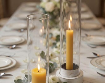 Glass Taper Candle Holder with Metal Bobeches, Wedding Centerpiece, Organic Beeswax Candles