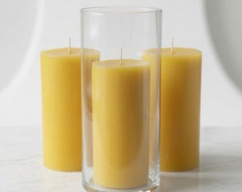 Set of 3 Pure Beeswax Pillar Candles with Hurricane Glass by AlianabyDesign