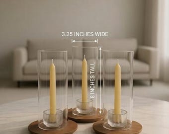 Set - Glass Candle Holders with Organic Beeswax Tapers and wax catchers.