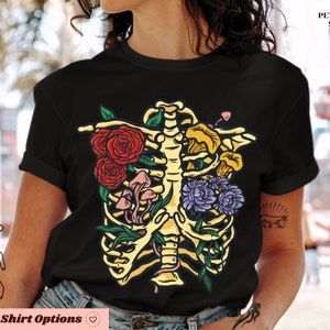 Flowers and Mushrooms Skeleton Rib Heart Shirt, Still Stay Awake Shirts, Plant Rose Lover Sweatshirts Hoodies Tees, Halloween Tee Gift Idea