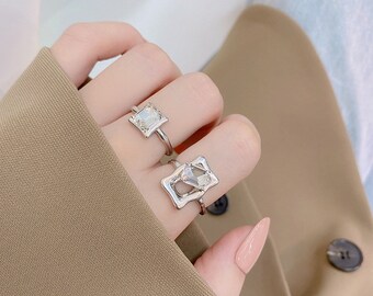 Therasoon Jewelry square Diamond Ring Wedding Simple Diamond Zircon Ring Fashion Classic Zircon Round Rings 