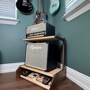 Modern Walnut/Maple Guitar Amp Stand with Pedalboard storage | Handcrafted 2-Tier Amp Rack for Head & Cab | Studio Furniture for Musicians