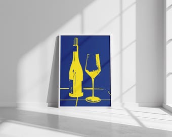 Wine Print Blue and Yellow Kitchen Decor Alcohol Poster Bar Cart Wall Art Digital Download Wine Decor Drinks Printable Art | Wine Lover Gift