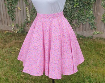 Skater skirt with pockets, Pink cotton jersey skirt, kawaii clothing, made to order, 50s skirt, full circle skirt, midi skirts for women