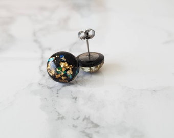 Black and gold titanium earrings, gold leaf earrings, minimalist resin studs, unique hypoallergenic jewelry,