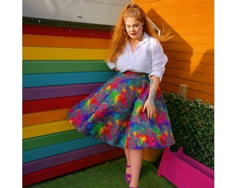 Rainbow skirt, skater skirt with pockets, plus size circle skirt, galaxy print clothing, high waisted colourful clothes, spacecore clothes