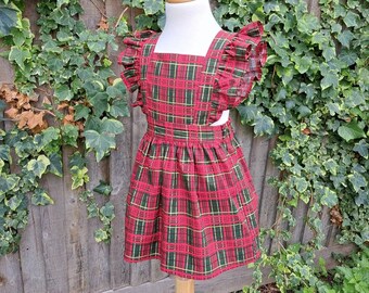 childrens pinafore dress, girls christmas dress, baby romper christmas, tartan dress, christmas outfit baby girl, little girl dress