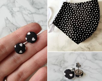 Cotton Face Mask, Reusable face mask, titanium earring studs, heart earrings studs, face mask set, black fabric mask, fabric earrings,