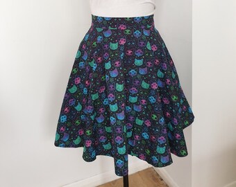 Spooky skater skirt with pockets, pastel goth skirt, halloween full circle skirt, witchy clothing, cat print fabric, dark goth kawaii
