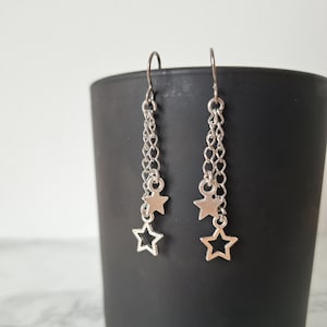Silver star earrings, double star earrings, titanium earrings hooks, dangle and drop earrings, hypoallergenic dangle earrings