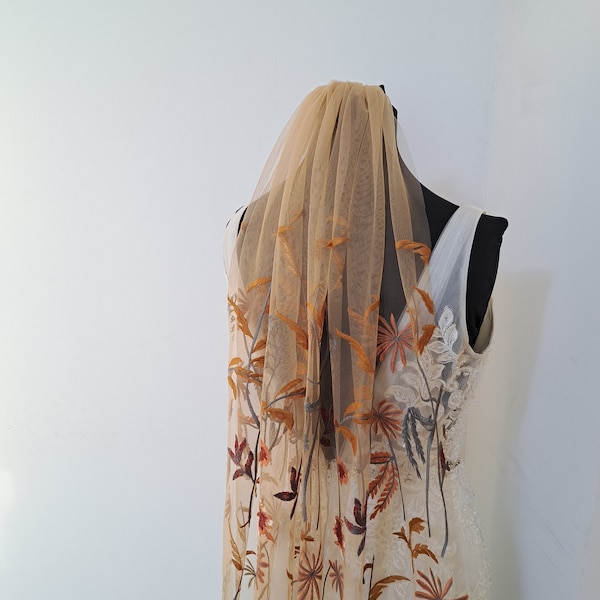 embroidered flower veil, autumn foliage veil, fall wedding hair piece, waltz length veil, single tier veil, burnt orange wedding accessories