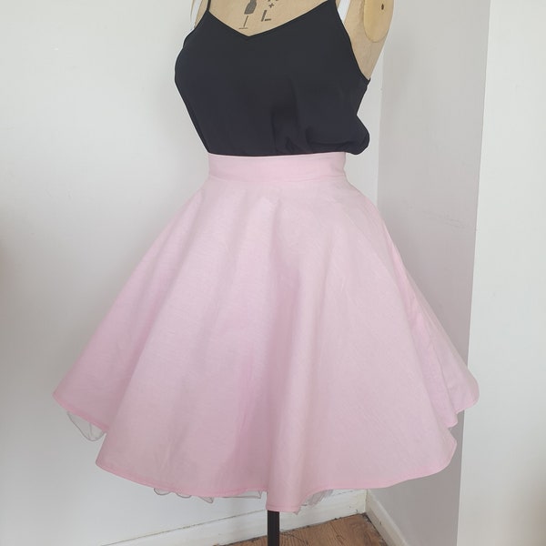 Pink cotton skater skirt with pockets, baby pink mini skirt, high waisted, circle skirt, handmade clothing