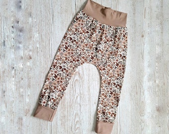 floral print baby trousers, grow with me pants, vintage flower print, childrens leggings, harem pants baby, new baby gift, toddler joggers