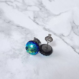 Small stud earrings, titanium earrings flatback, Iridescent Jewellery, Blue Green Hypoallergenic Studs, 9mm earrings, letterbox gifts