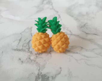 Pineapple earrings, titanium earrings studs, IVF pineapple gifts, hypoallergenic earring posts, tropical fruit jewellery, yellow earrings