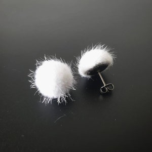 White fluffy earrings, titanium earrings, Easter earrings, snowball hypoallergenic earrings, nickel free studs, stocking fillers for teen