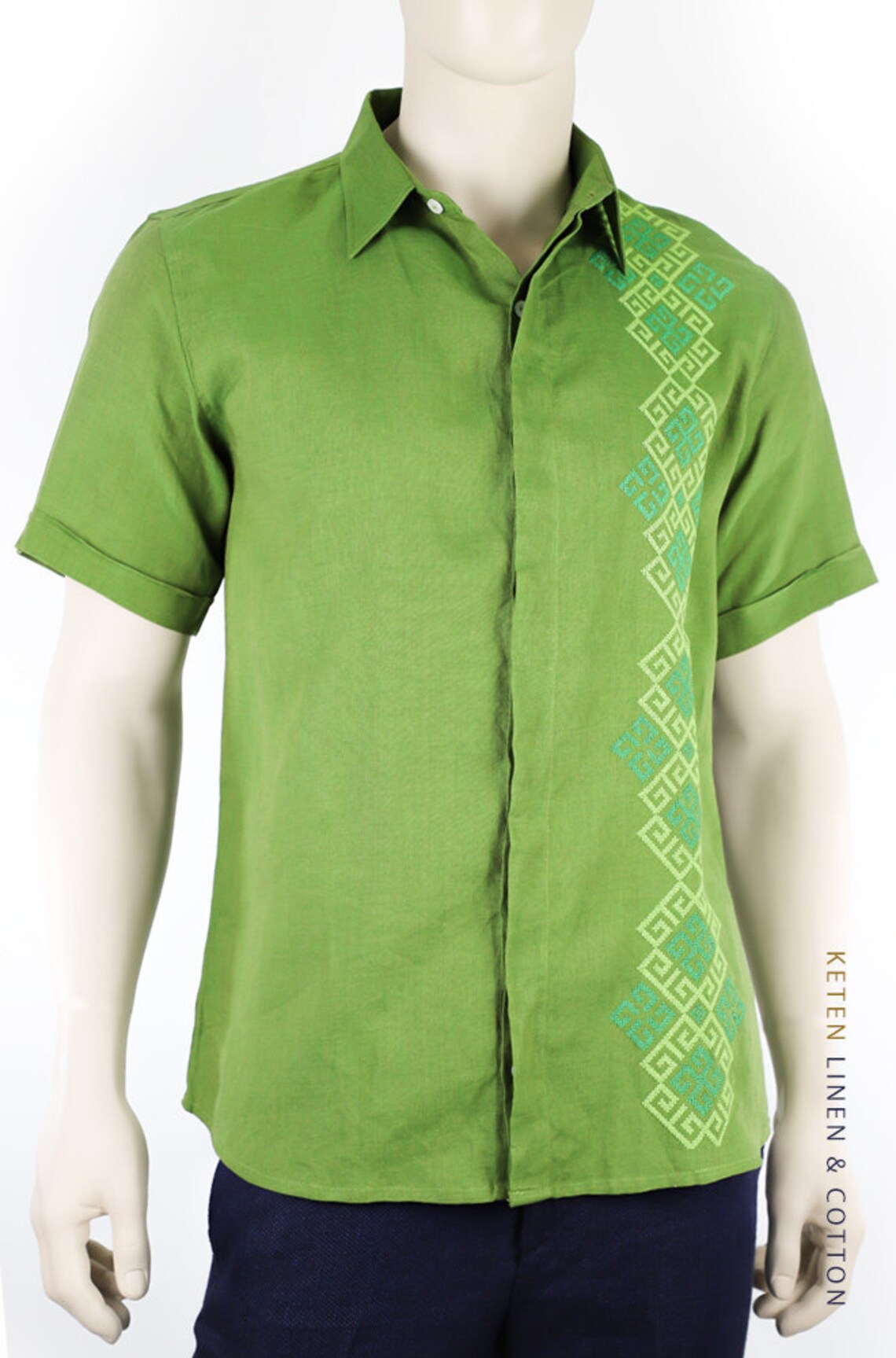 Green Pure Linen Embroidered Shirt Short Sleeve Etsy
