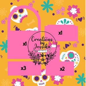 Puede incluir: Un dise&ntilde;o gr&aacute;fico vibrante con el tema del D&iacute;a de Muertos. El dise&ntilde;o incluye cajas rosas con los n&uacute;meros x1, x2 y x3, rodeadas de motivos florales y de calaveras sobre un fondo amarillo. Tambi&eacute;n se incluye el texto "Creations by Jessika".