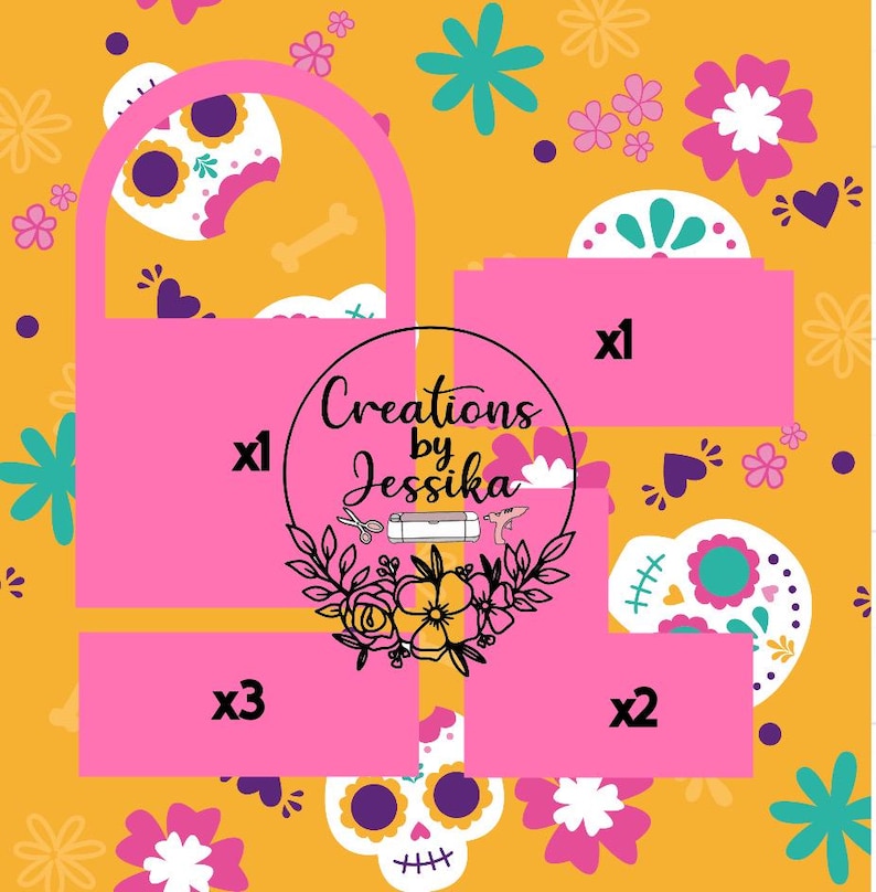Puede incluir: Un dise&ntilde;o gr&aacute;fico vibrante con el tema del D&iacute;a de Muertos. El dise&ntilde;o incluye cajas rosas con los n&uacute;meros x1, x2 y x3, rodeadas de motivos florales y de calaveras sobre un fondo amarillo. Tambi&eacute;n se incluye el texto "Creations by Jessika".