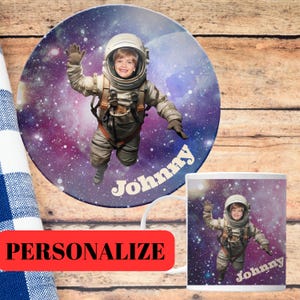 May include: Personalized astronaut mug and plate set with a galaxy background. The mug and plate feature a child's photo in an astronaut suit with the name "Johnny" printed on both items.