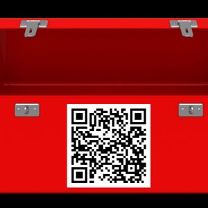 May include: A red toolbox with a QR code on the front. The toolbox is open, revealing the interior. The QR code is black and white and is centered on the front of the toolbox. The toolbox has silver latches and hinges.