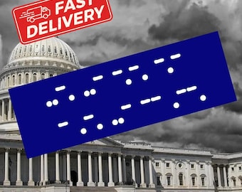 May include: A blue rectangle with white dots and dashes, representing braille, is superimposed over a black and white image of the US Capitol building. The red text "FAST DELIVERY" is in the upper left corner of the image.