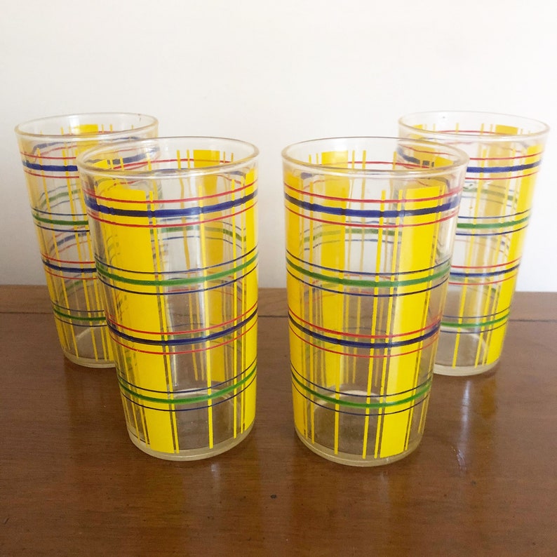 Vintage Rétro MCM Plaid Drinking Glasses Set Etsy