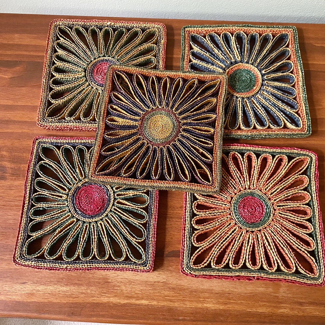 Vintage Colorful Raffia Wicker Trivet Wall Decor Set Etsy