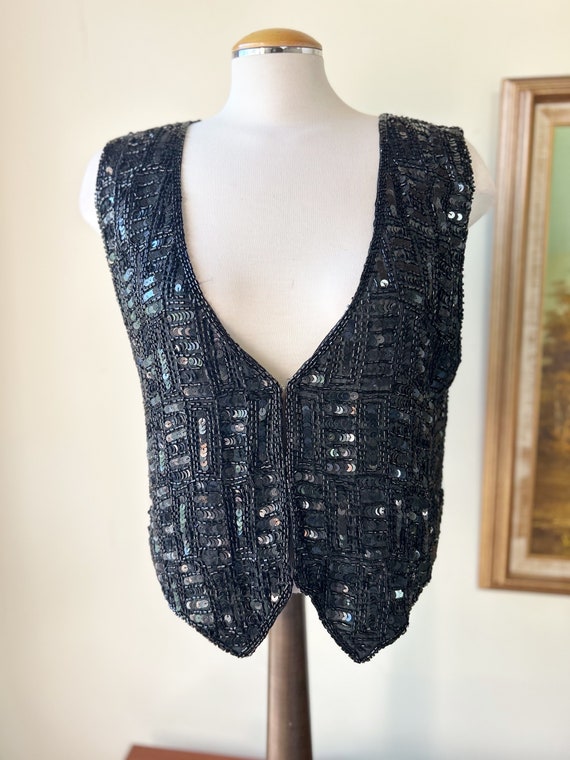 Vintage Silk Spell Bound Sequin Black Vest Womens 