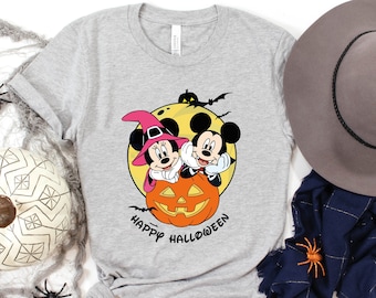 Happy Halloween Disney Theme Shirt, Halloween Mickey And Minnie Ears Shirt, Halloween Vibes, Halloween Short Sleeve Comfortable Pumpkin Tee