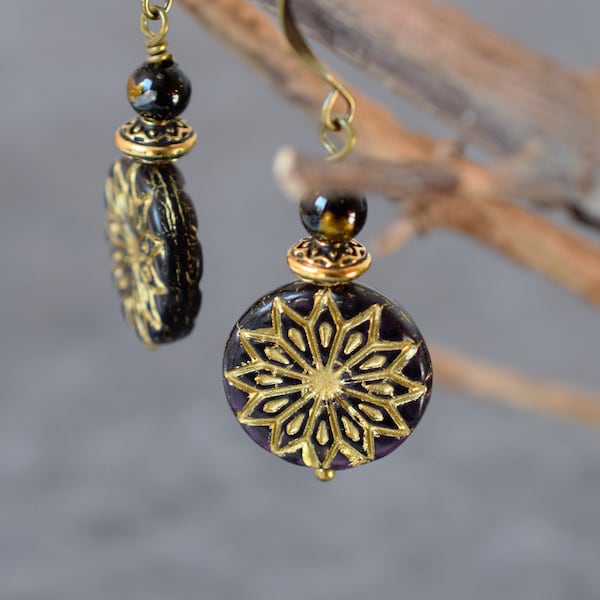 Bohemian Mandala Earrings with Czech Glass Beads, Round Black Dangle Earrings, Buddhist Yoga Gift, Boho Jewelry
