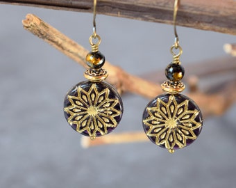 Bohemian Mandala Earrings with Czech Glass Beads, Round Black Dangle Earrings, Buddhist Yoga Gift, Boho Jewelry