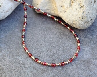 Dainty Glass Beads Necklace, Czech Glass & Seed Beads, Red Rustic Silver, Adjustable Boho Chic Choker Necklace, Birthday Gift