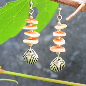 Long Sea Shell Dangle Earrings with Silver Charm, Boho Beach Tropical Summer Jewelry, Salmon Silver Colors