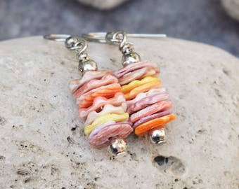 Natural Pecten Shell Earrings with Multi Color Pastel Soft Colors, Boho Beach Nature Jewelry, Tropical Dangle Disc Earrings