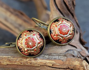 Floral Glass Cabochon Earrings, Bohemian Jewelry, Red Black Round Indian Flower Earrings, Gypsy Jewelry, Brass Lever Back Earwires