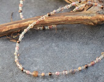 Soft Colors Beaded Necklace with Czech Glass Beads, Elegant Spring Jewelry Gift for Women, Transparent Clear White Pink, 72 cm