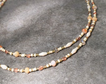 Small Glass Beads Necklace, Boho Chic Birthday Jewelry Gift Idea for Mom, Off White Light Brown Czech Glass & Seed Beads