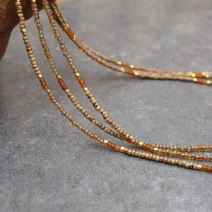 Elegant Rustic Skinny Necklace, Brown with Gold Brass Details, Bohemian Dainty Minimal Beaded Necklace with 3 mm Small Glass Beads