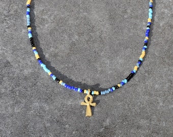 African Ankh Charm Necklace, Blue Colorful Summer Jewelry, Hippie Boho Necklace, Multi Color Tiny Seed Beads, Tribal Symbol