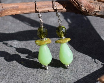 Light Green Glass Earrings, Bohemian Chic Jewelry, Soft Green Olive Green Dangle Earrings, Spring Summer, Teardrop Earrings for Women