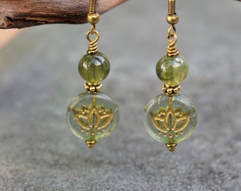 Lotus Flower Earrings with Czech Glass Beads, Boho Bohemian Earrings, Round Dangle Earrings, Olive Green Nature Colors, Zen Yoga Gift