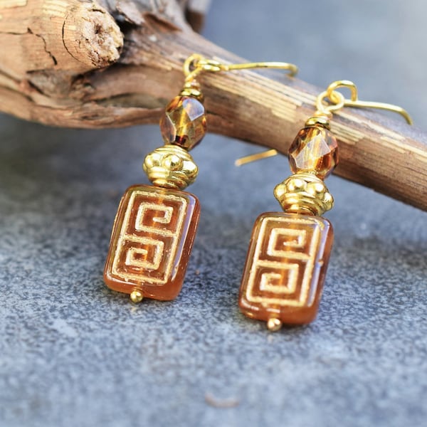 Elegant Bohemian Earrings with Czech Glass Beads, Greek Key Symbol, Boho Jewelry Gift for Women, Gold Dark Brown Rectangular Dangle Earrings