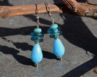 Light Blue Summer Earrings with Faceted Glass Teardrop Beads, Bohemian Dangle Earrings for Women